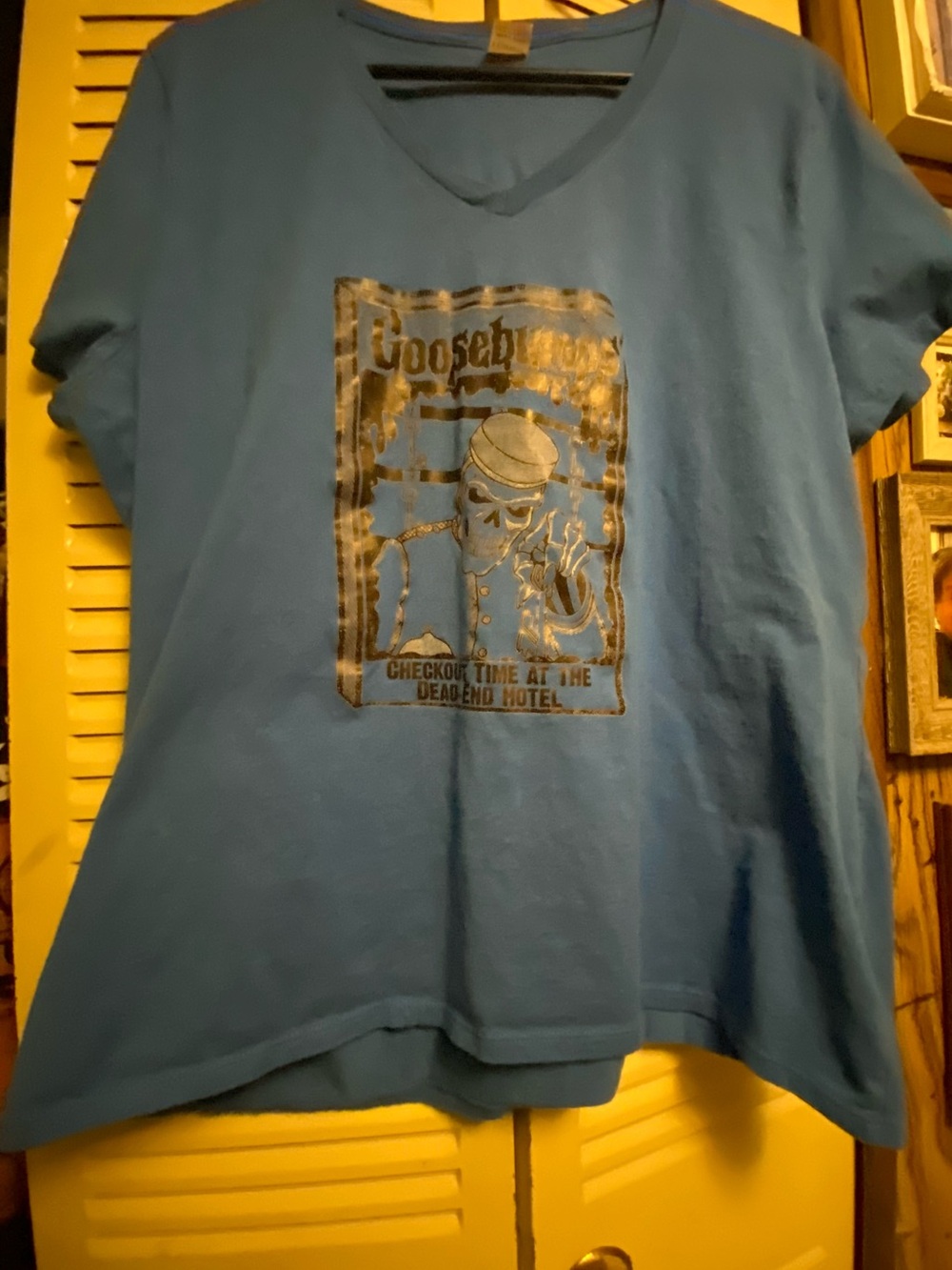Hanes Blue V-Neck Graphic Tee with Skull Poster Design